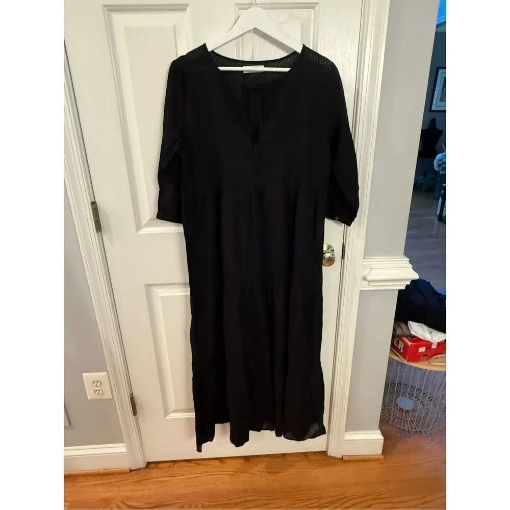 Natural Life Black In Black Stripe Tiered Tie Neck Maxi Dress sz M NWOT